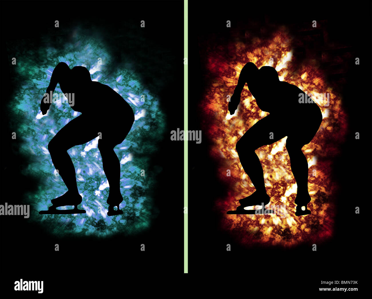 speed skater contour surrounded by ice and fire, e.g. as button Stock Photo