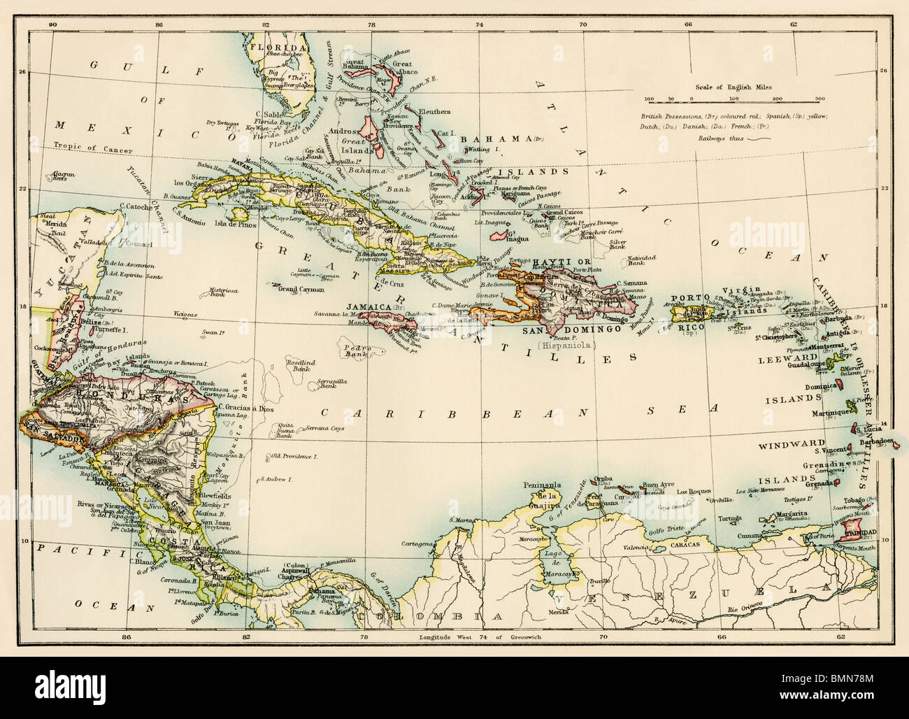 Map of the West Indies and the Caribbean Sea, 1800s. Color lithograph Stock Photo