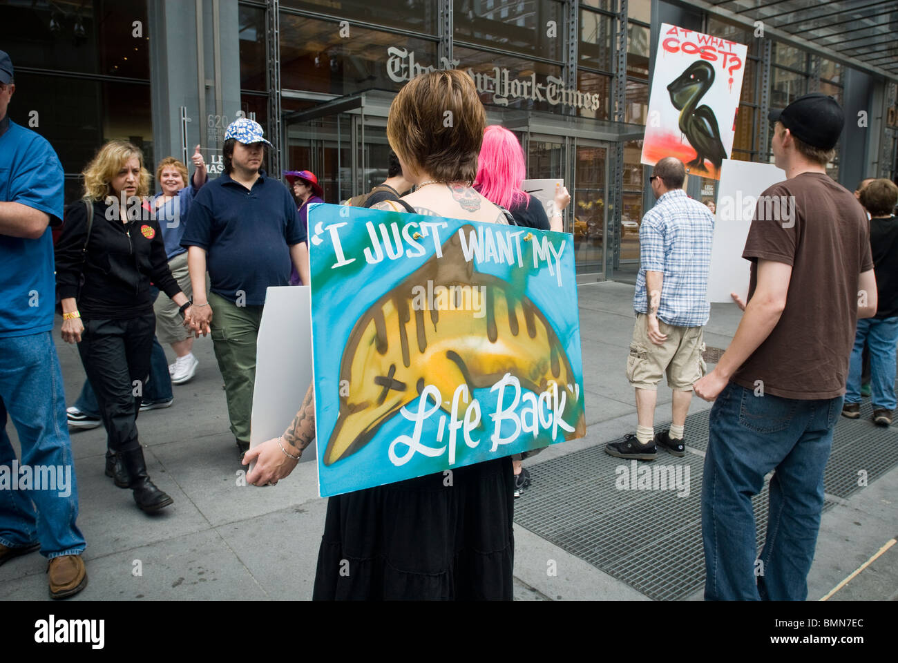 Protesters demonstrate in New York against British Petroleum Stock Photo