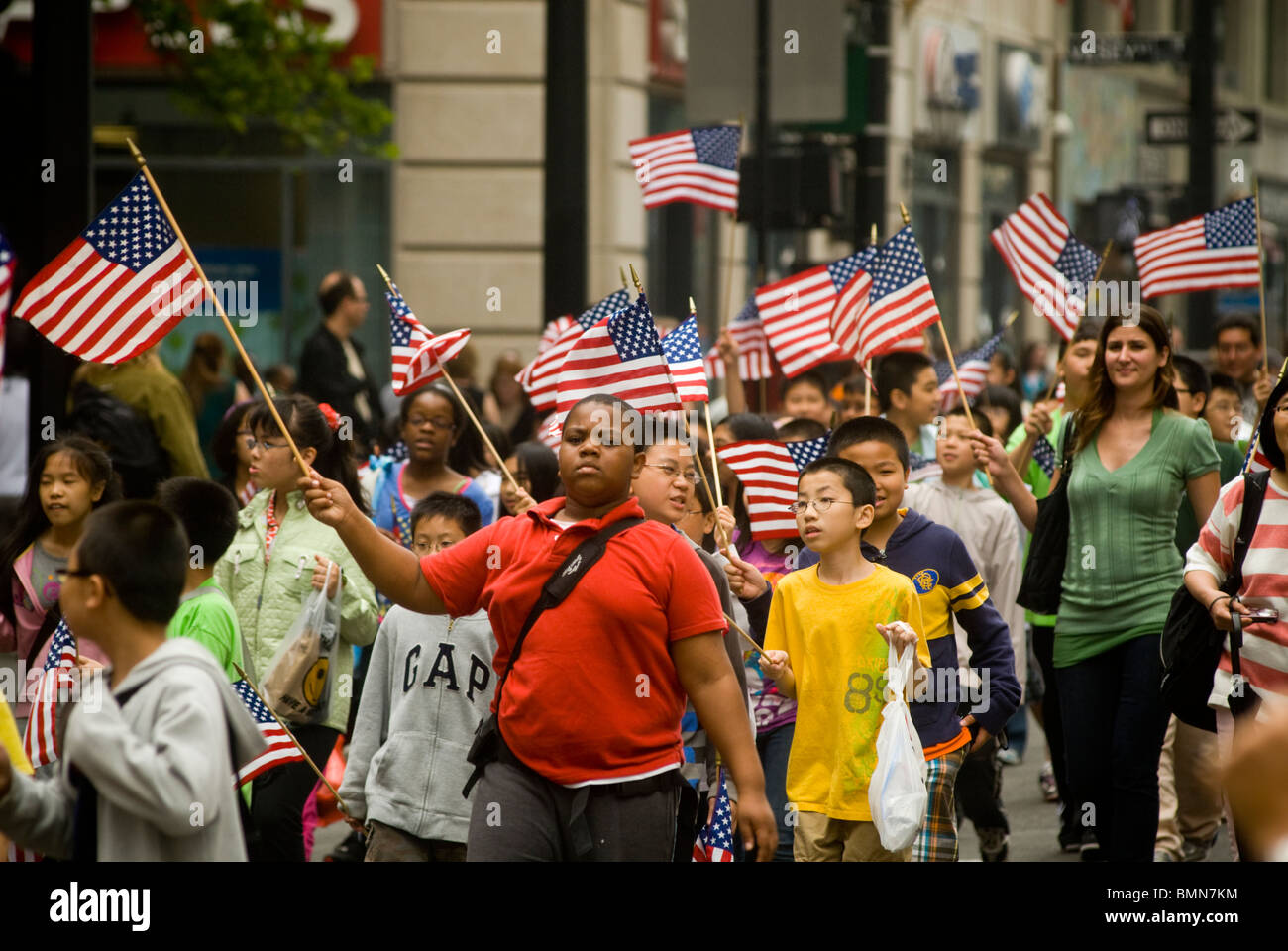 Students in New York march in the annual Flag Day Parade Stock Photo