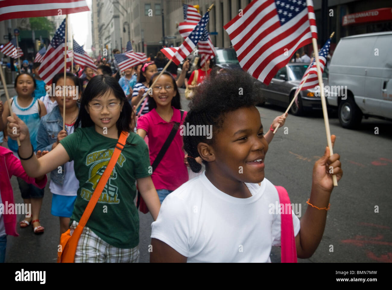 Students in New York march in the annual Flag Day Parade Stock Photo