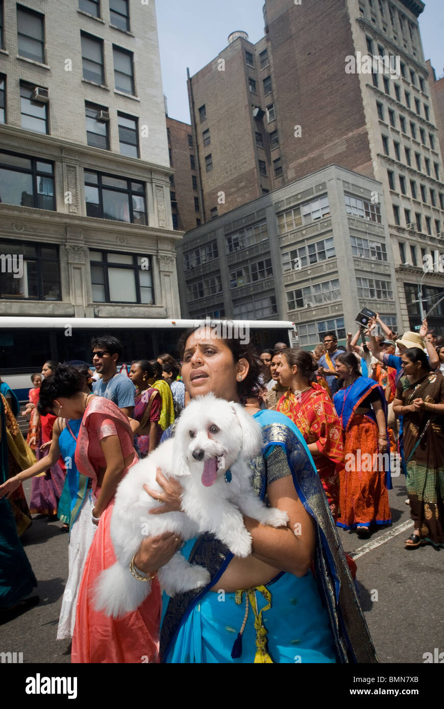 Hundreds of members of the Hare Krishna religion gather on Fifth Ave. in New York for their annual parade Stock Photo