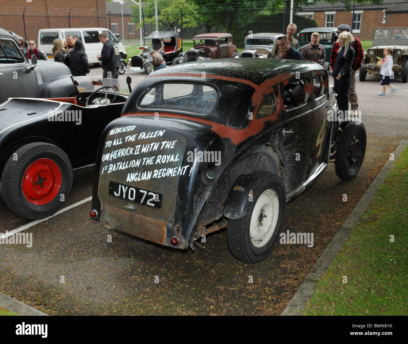 Hot Rod car rally. Old Morris Car with a dedication to fallen members of the Royal Anglian Regiment. Stock Photo