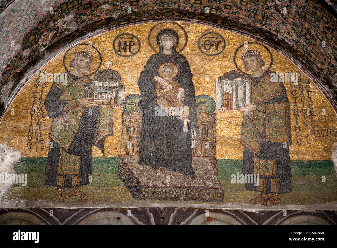 Mosaic of the Virgin Mary, Jesus Christ, Constantine I and Justinian I, Haghia Sophia Mosque, Istanbul, Turkey Stock Photo