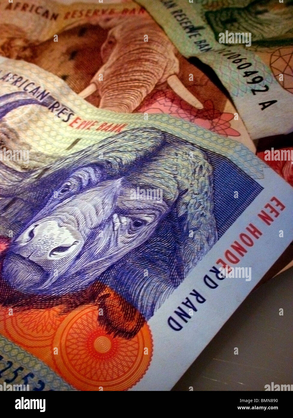 A collection of ten, twenty, fifty and one hundred South African Rand