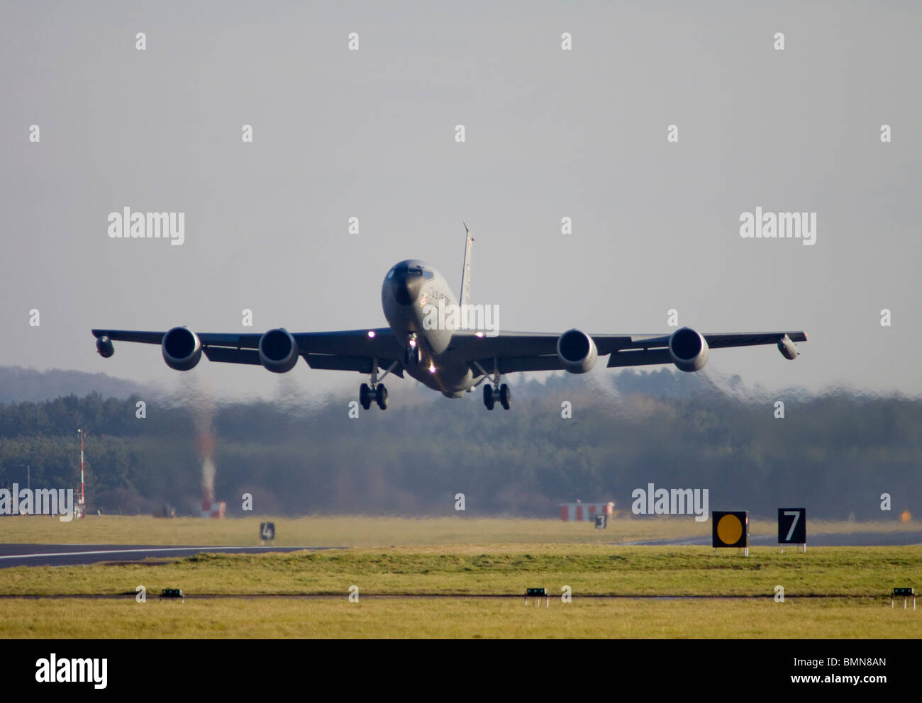 United States Air Force Boeing KC-135R Stratotanker taking off from RAF Mildenhall Stock Photo