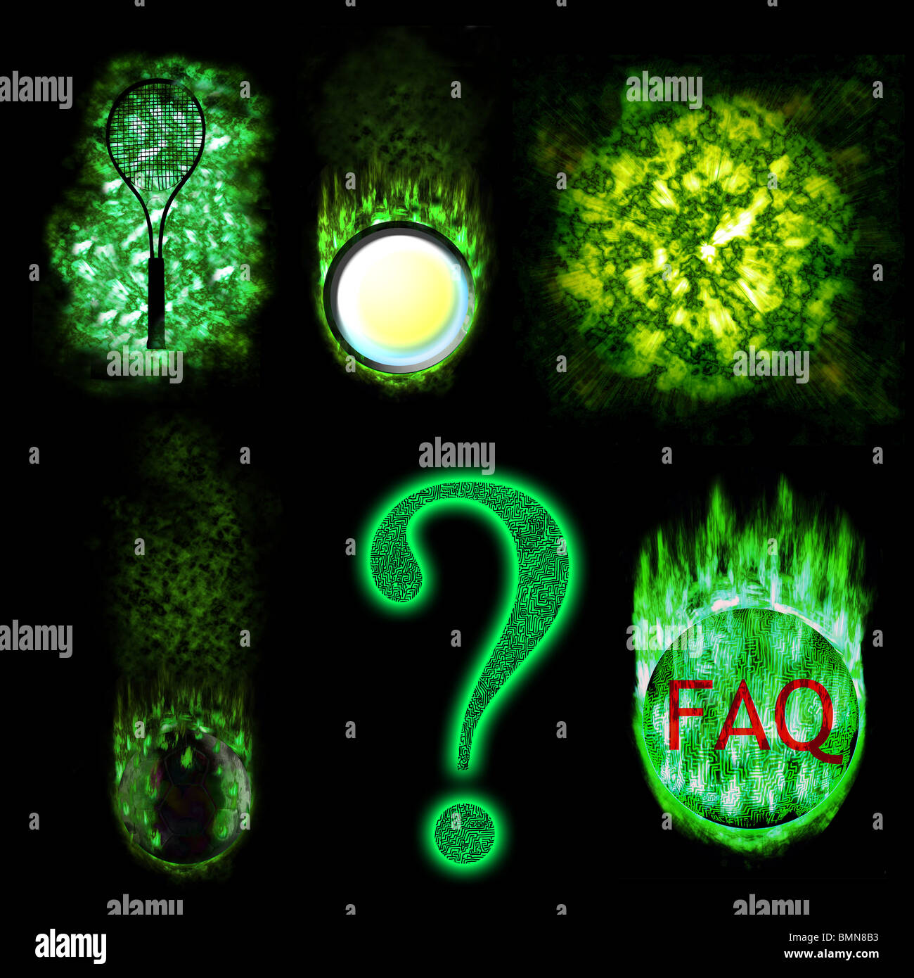 green burning question mark, FAQ, ball, cloud, racket, icon Stock Photo ...