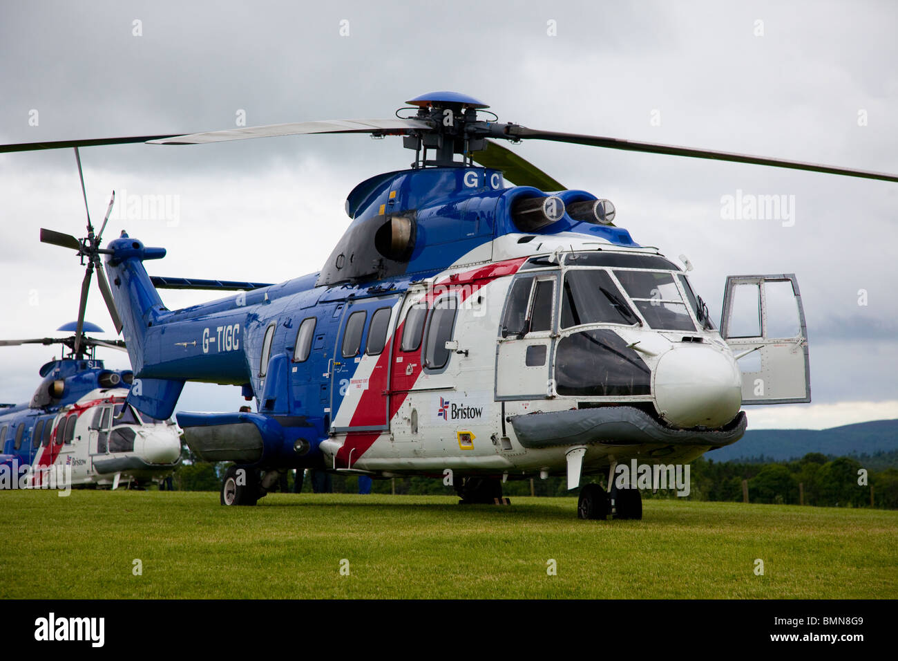 Two EC 225 Helicopters, Super Puma Mk II,  Bristow Aircraft, Aberdeenshire, Scotland, UK Stock Photo