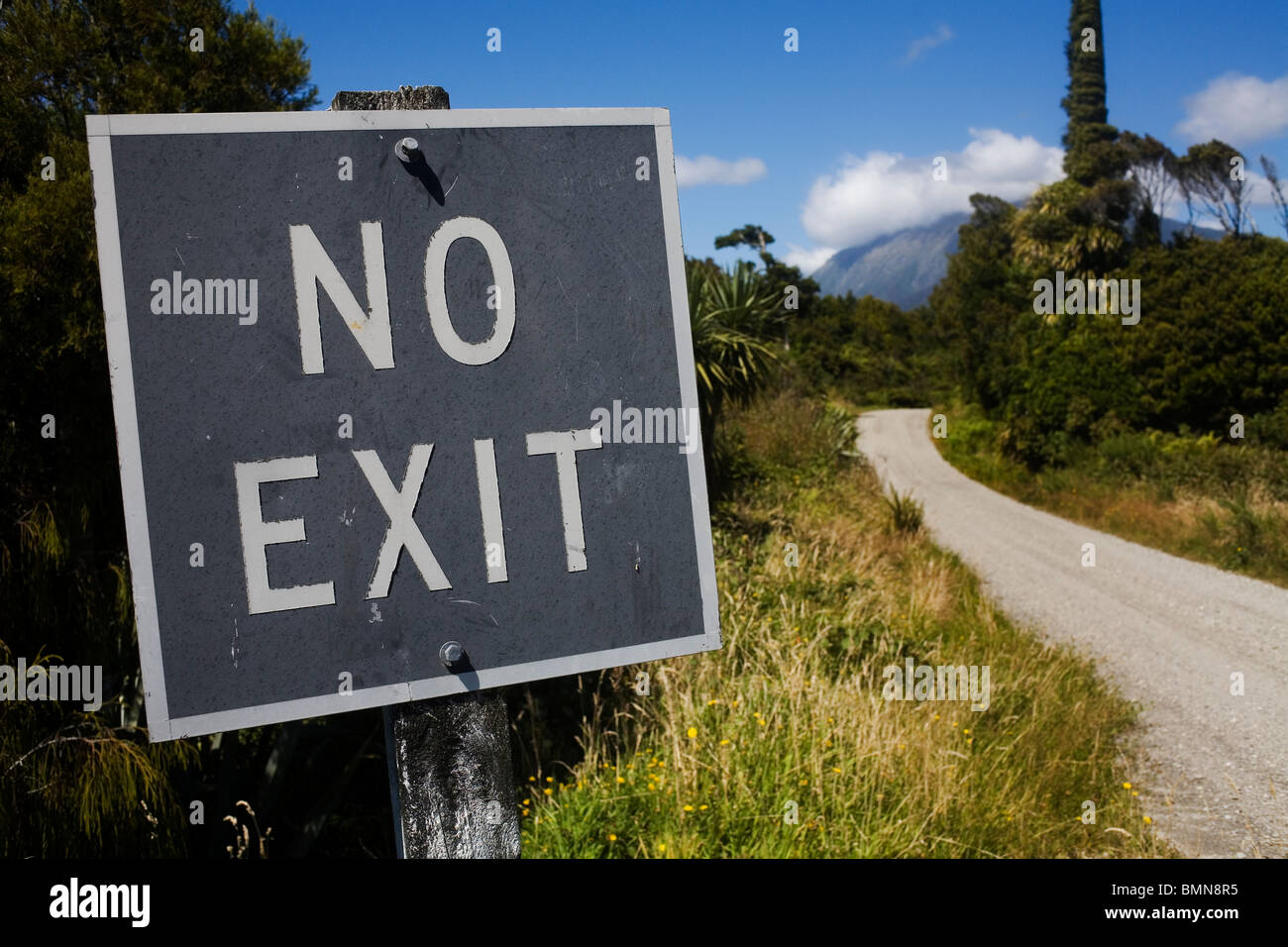 No exit road sign, New Zealand. Stock Photo