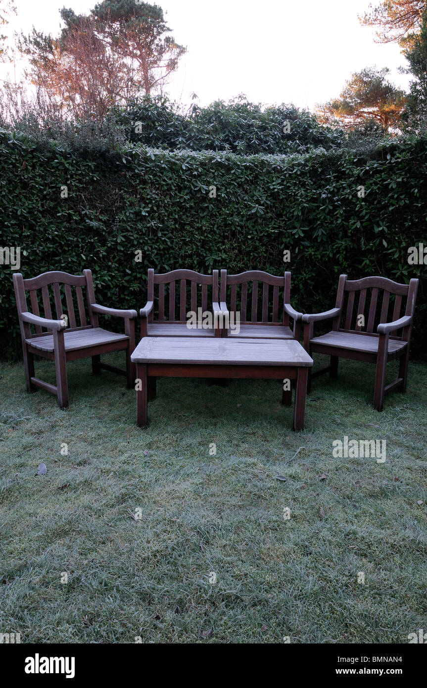 Ice Frost Covered Garden Furniture Wooden Seat Bench Winter Cold
