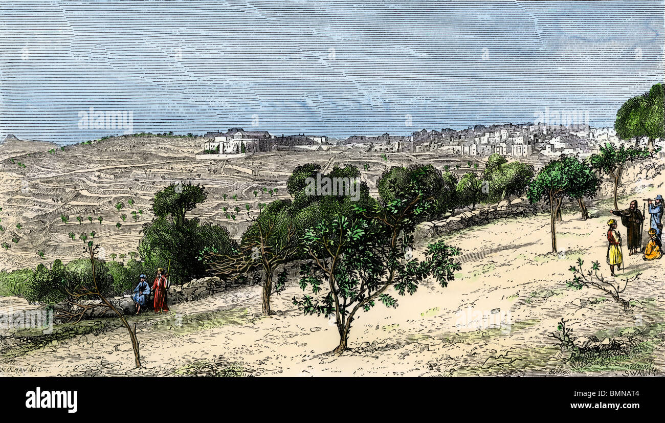 Bethlehem from the north, with the Church of the Nativity and convents, 1800s. Hand-colored woodcut Stock Photo