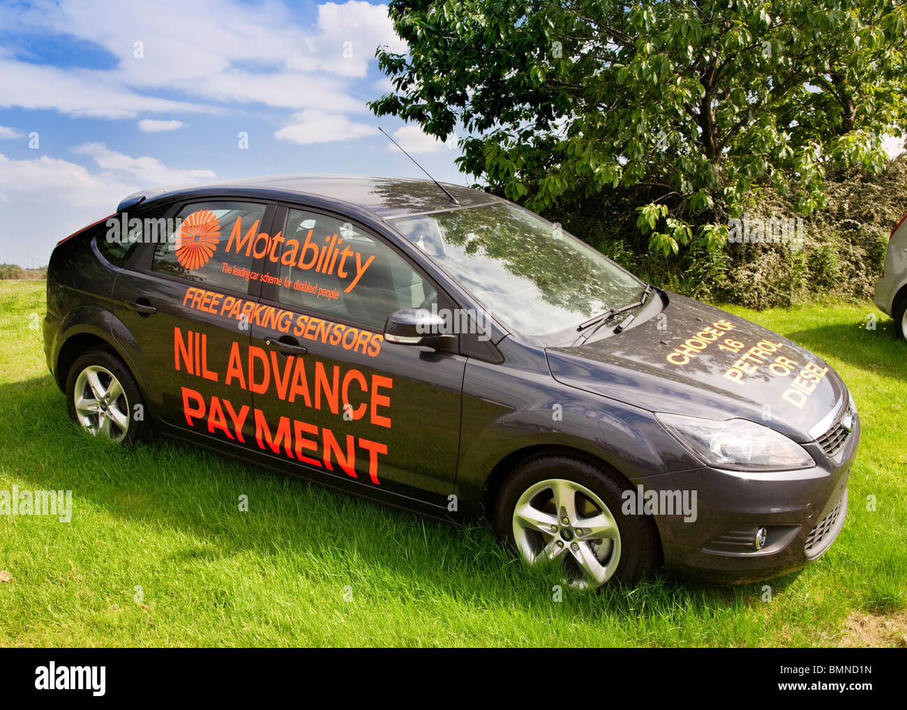 A new automobile advertising the UK motability car scheme. Stock Photo