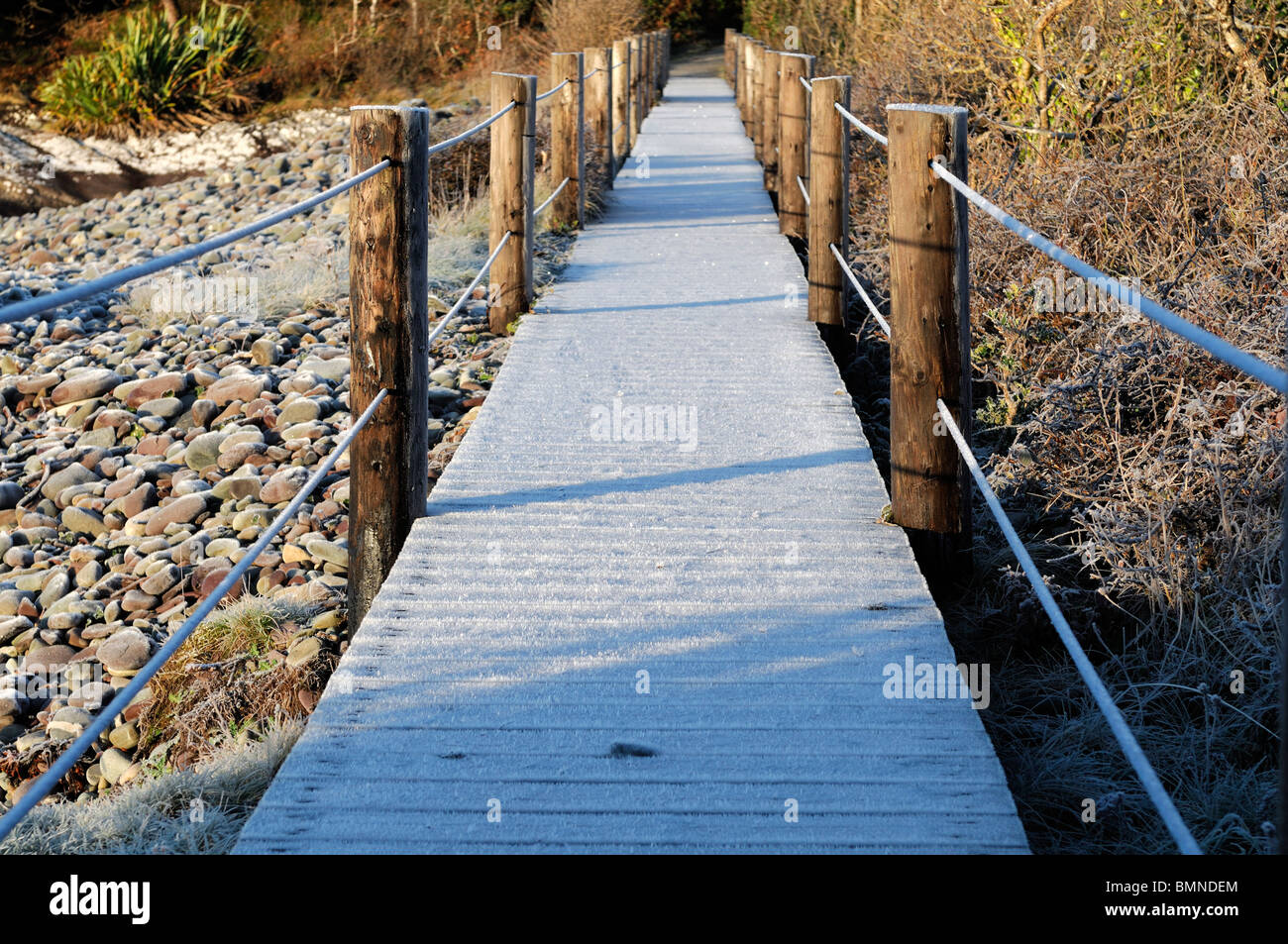 Parknasilla Sneem Ireland ice frost crust crusted  winter freeze wooden foot bridge walkway Stock Photo