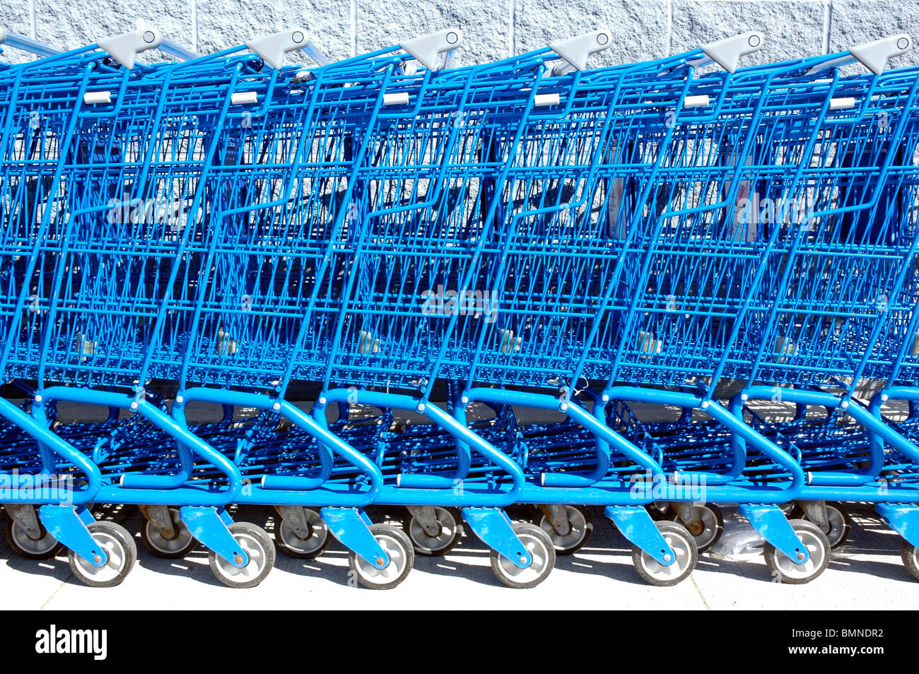 Blue Shopping Carts Lined Up Outside A Grocery Superstore Stock Photo