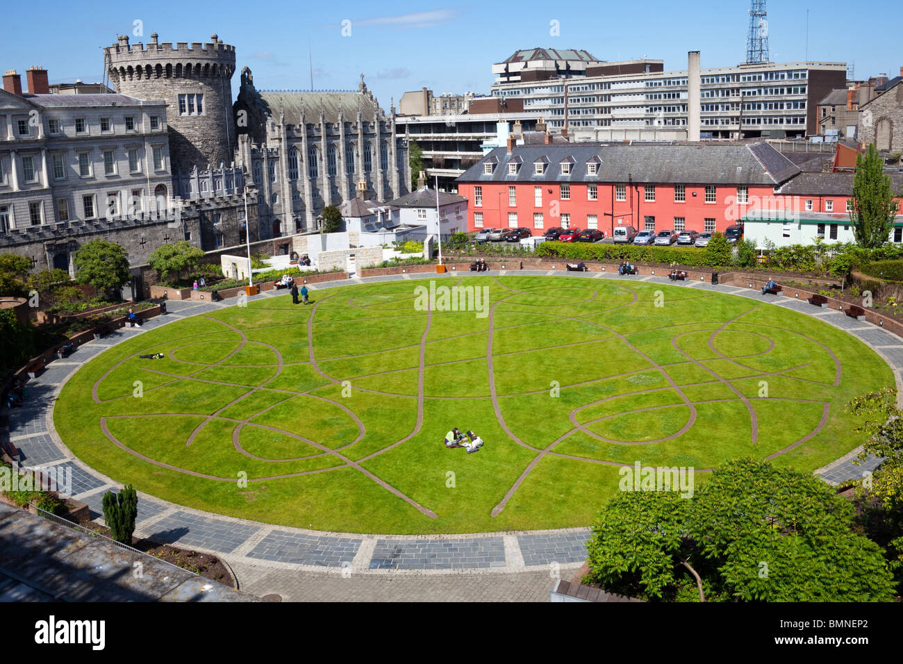 Dubh Linn Gardens, Dublin Castle, Ireland; the record tower is in the background Stock Photo
