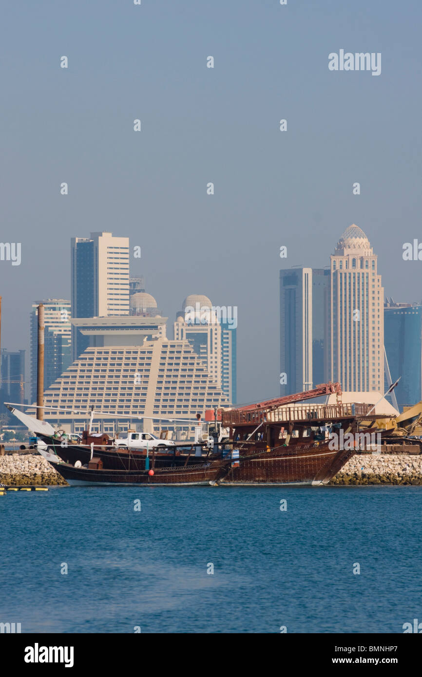 Qatar, Doha Bay Skyline Sheraton Dhow Stock Photo