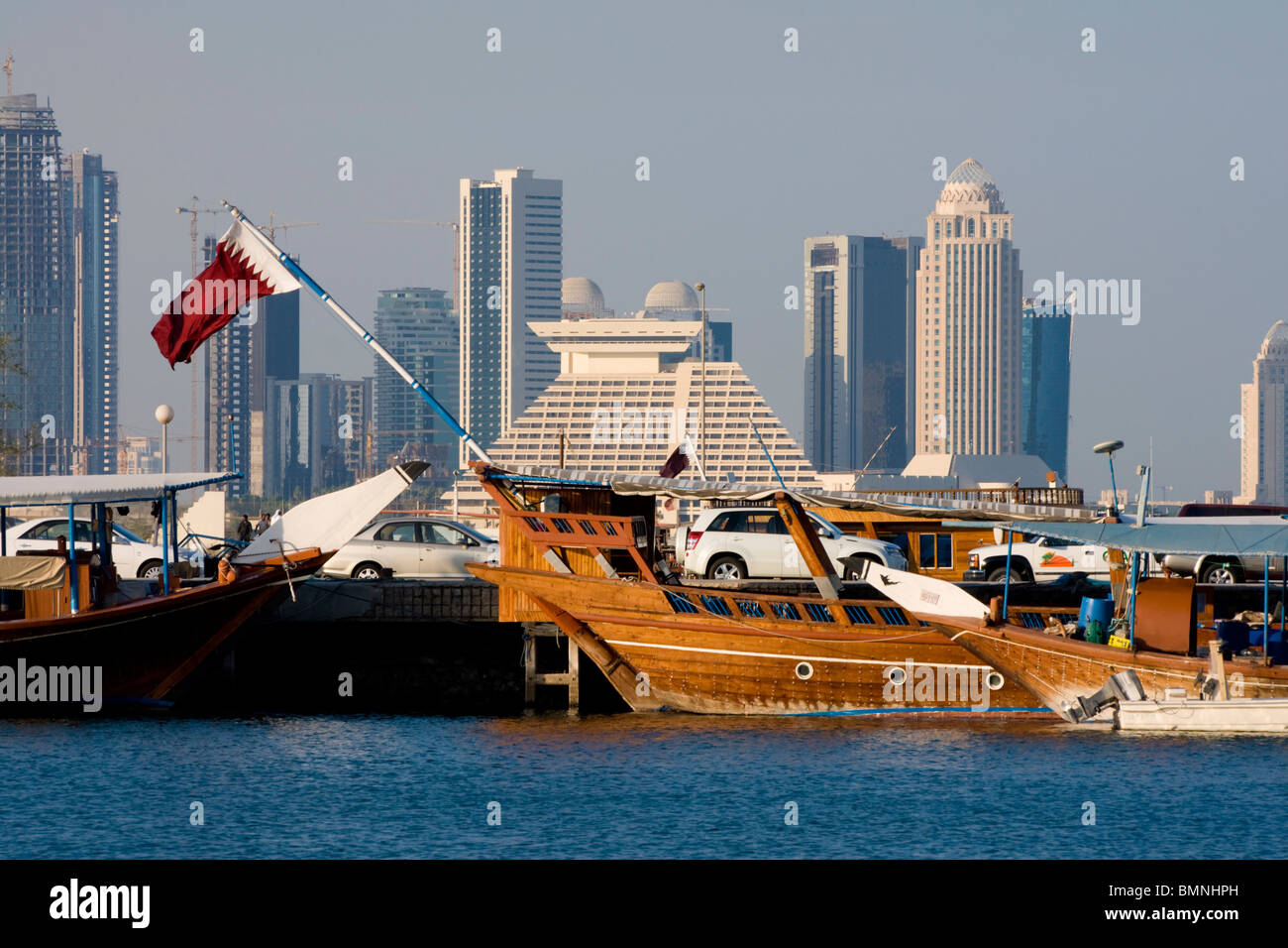 Qatar, Doha Bay Skyline Dhow Stock Photo