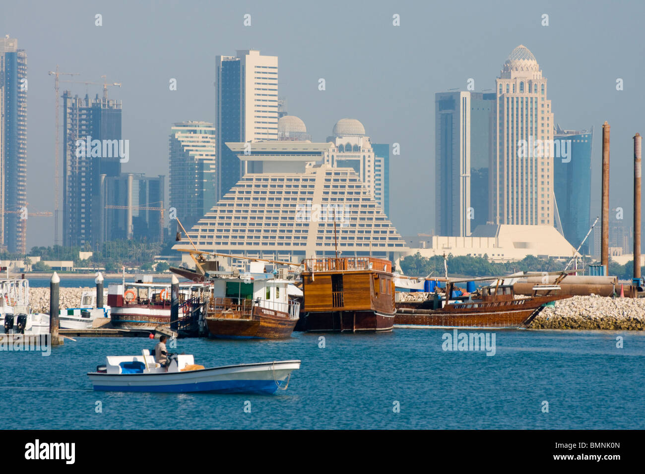 Middle East, Qatar, Doha Bay Skyline Dhow Stock Photo