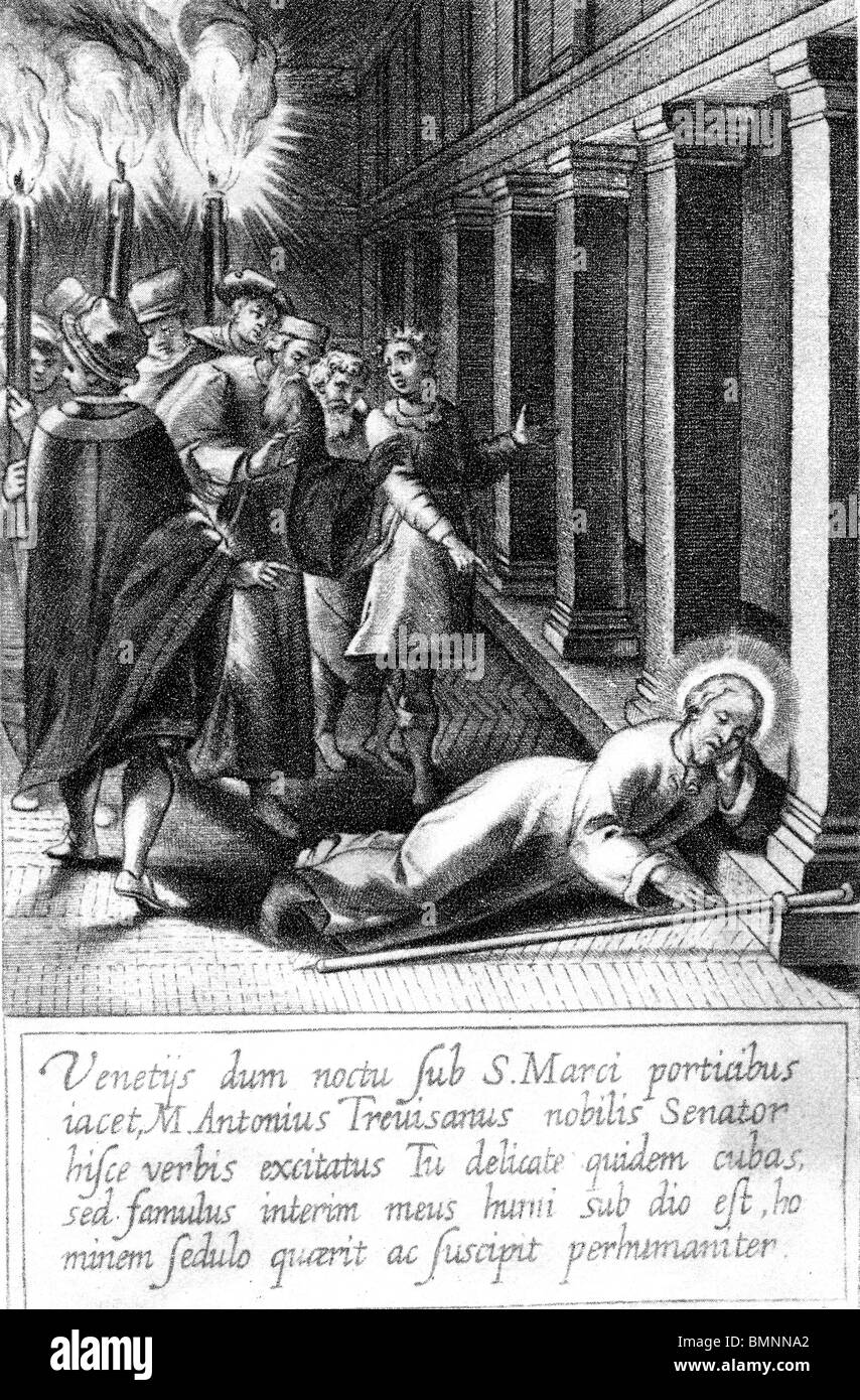 IGNATIUS LOYOLA - Senator Trevisano finds Loyola on the steps of St Marks in Venice. Engraving from the biography by Ribadeneira Stock Photo