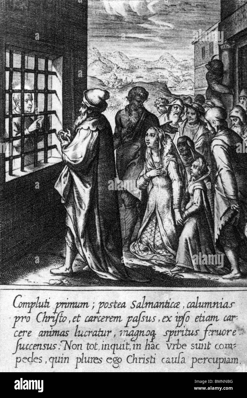 IGNATIUS LOYOLA  in prison on suspicion of being a heretic. Engraving from the biography by Ribadeneira Stock Photo