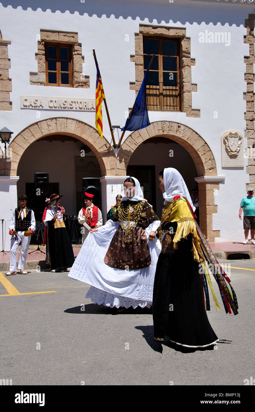 Balearic folklore show, Placa d'Espanya, Santa Eularia des Riu, Ibiza, Balearic Islands, Spain Stock Photo