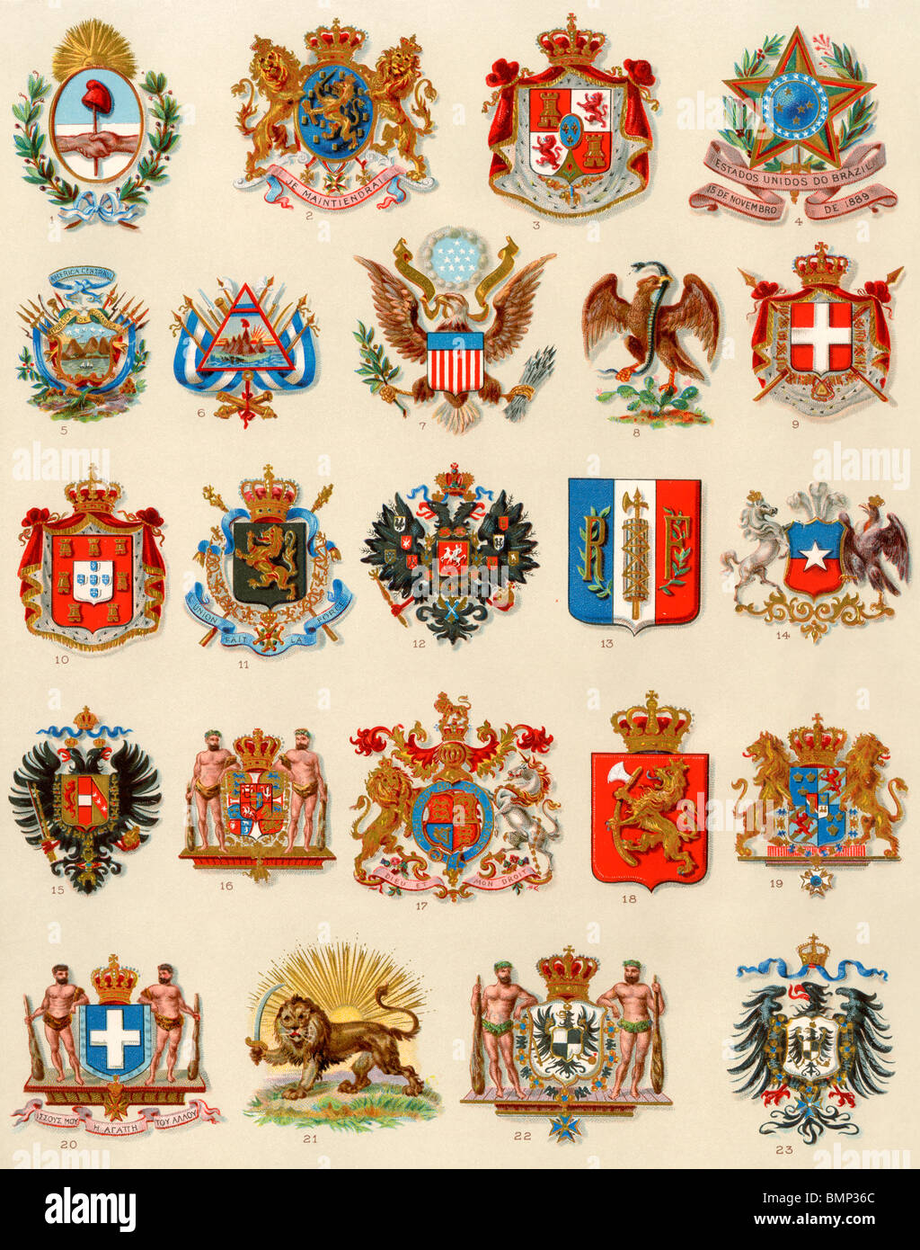 National coats of arms of selected countries, 1800s. Color lithograph Stock Photo