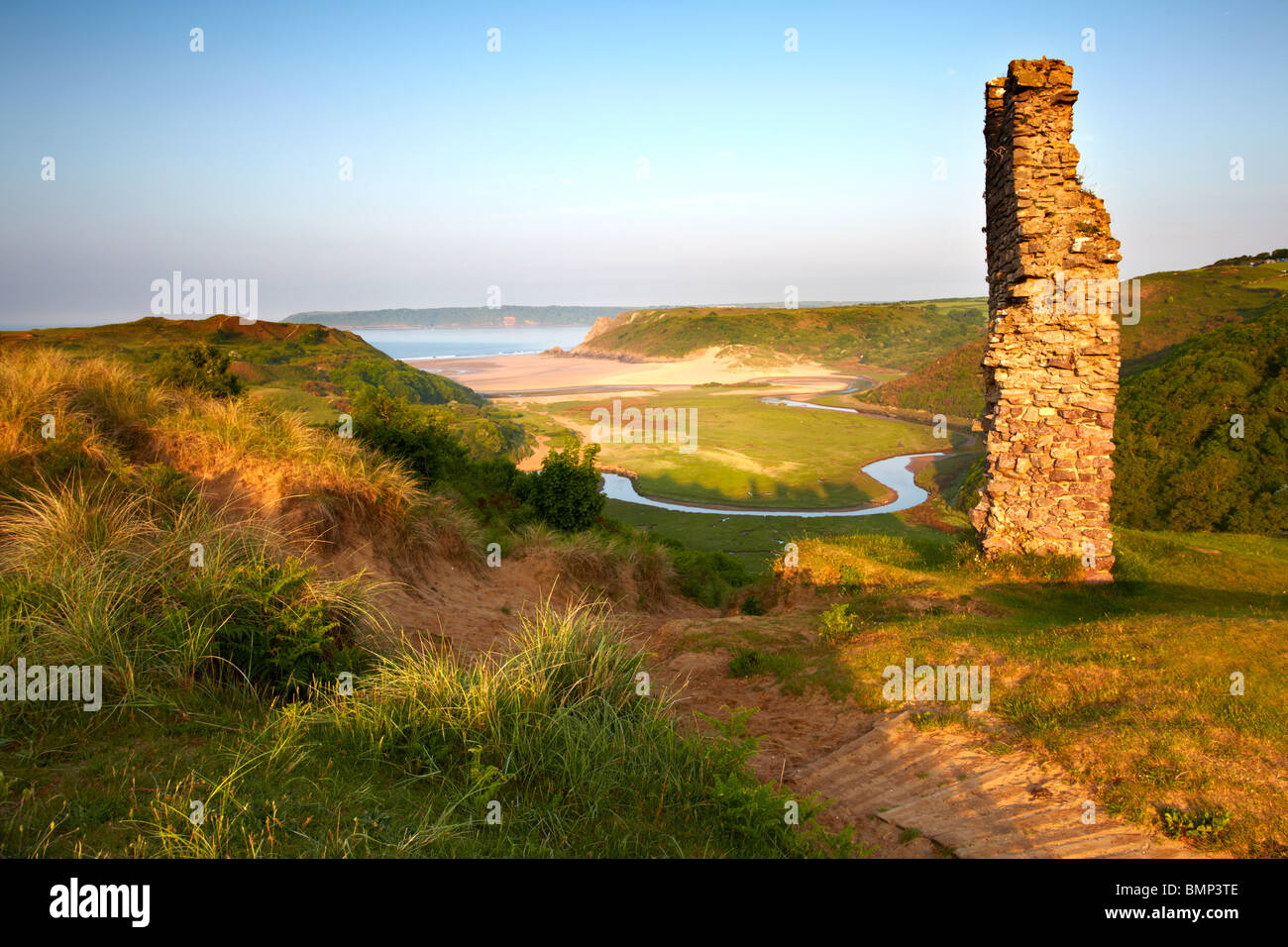 View over Three Cliffs Bay on the Gower peninsula from Pennard Castle Stock Photo