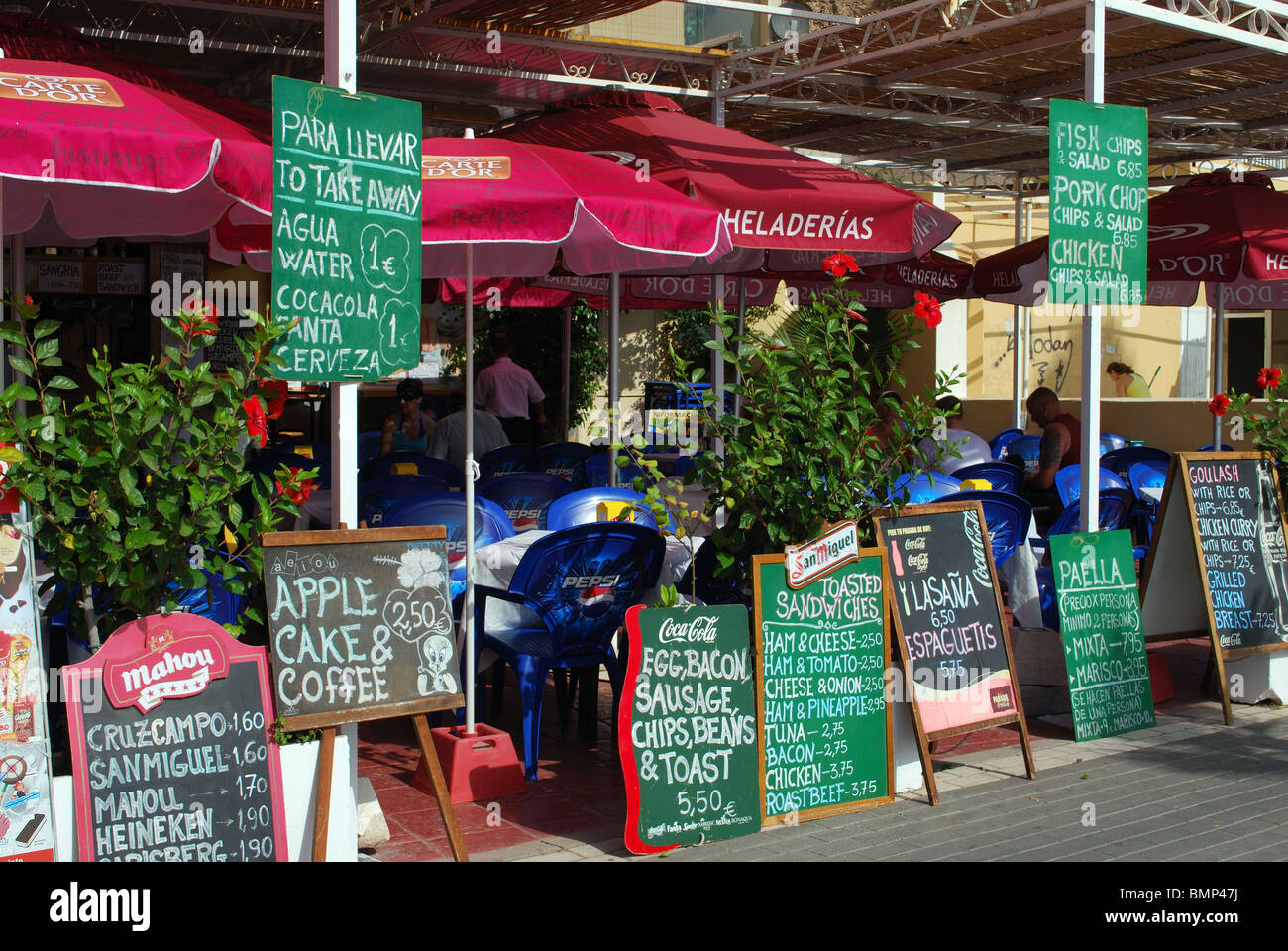 Promenade cafe, Torremolinos, Costa del Sol, Malaga Province, Andalucia, Spain, Western Europe. Stock Photo