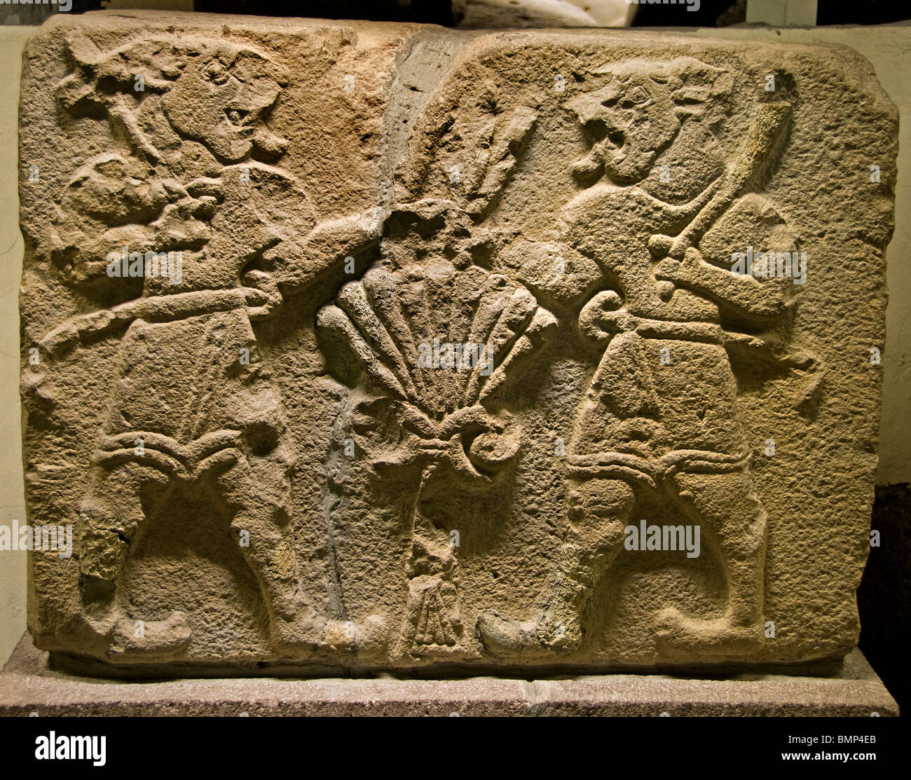Three of live flanked by two lion men armed with swords Malatya Aslantepe Neo Hittite 800 BC 900 BC  Anatolian Museum Ankara Stock Photo