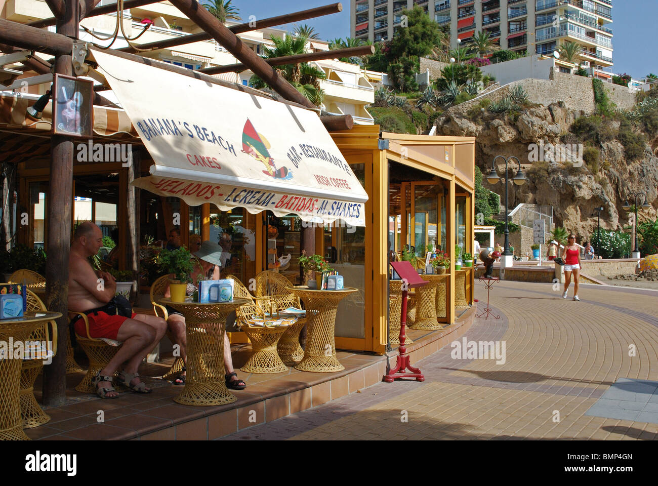 Beach bar (Chiringuito), Bananas Beach, Torremolinos, Costa del Sol, Malaga Province, Andalucia, Spain, Western Europe. Stock Photo