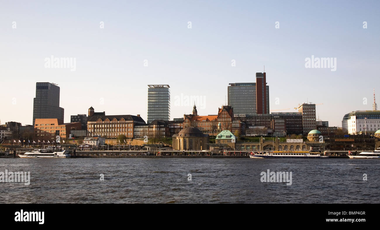 The St Pauli skyline above the River Elbe in Hamburg, Germany. Stock Photo