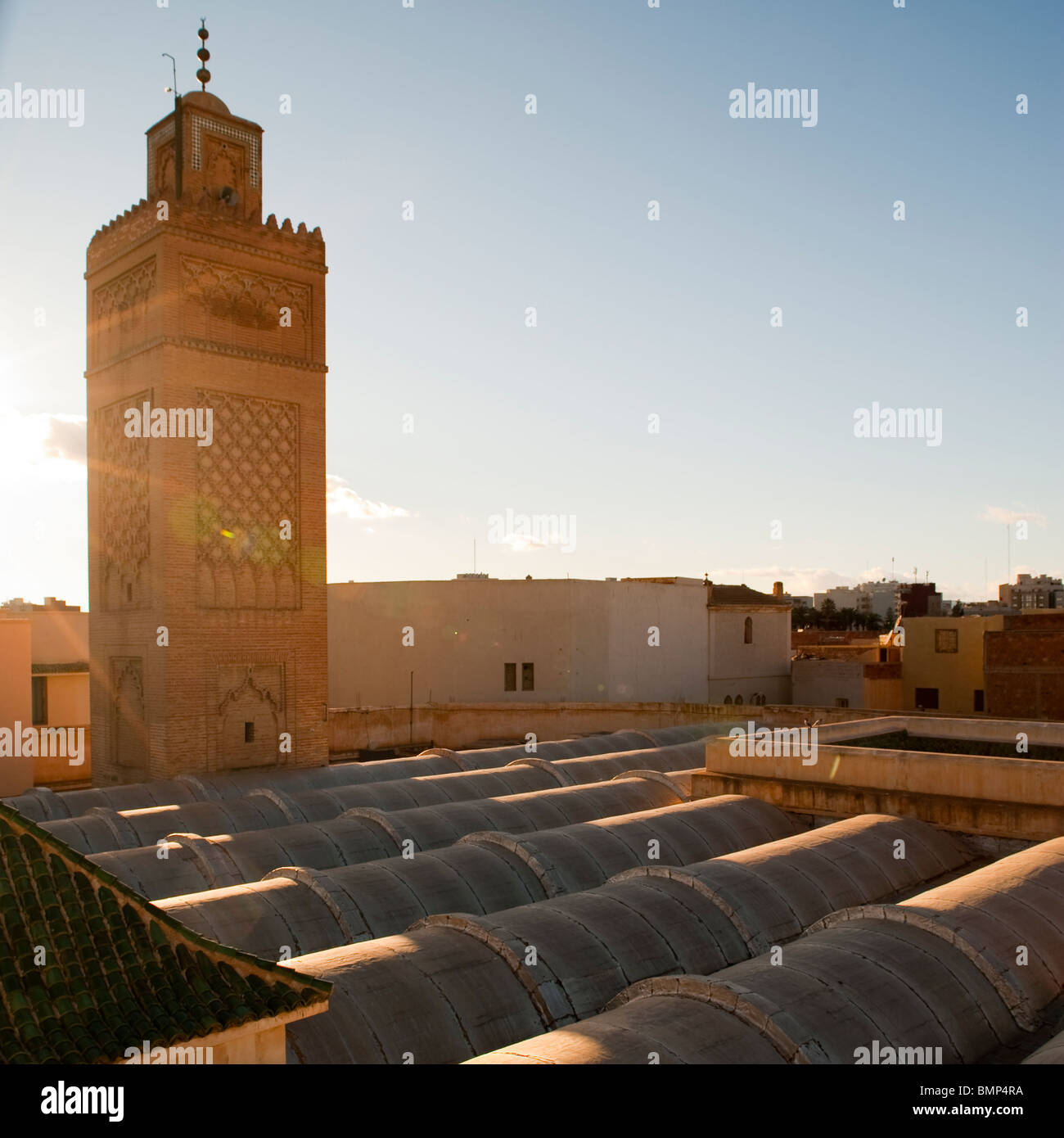 Hammam rooftop and Minaret of Okba, Oujda, Oriental region, Morocco. Stock Photo