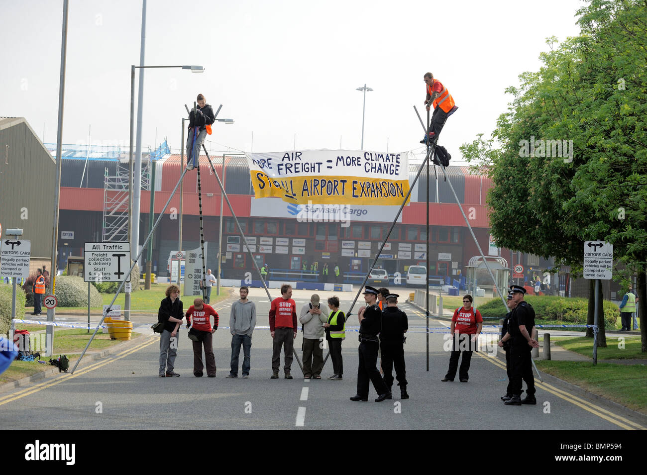Protesters blockade Manchester Airport Freight Terminal Manchester UK against Airport Expansion and climate change damage Stock Photo