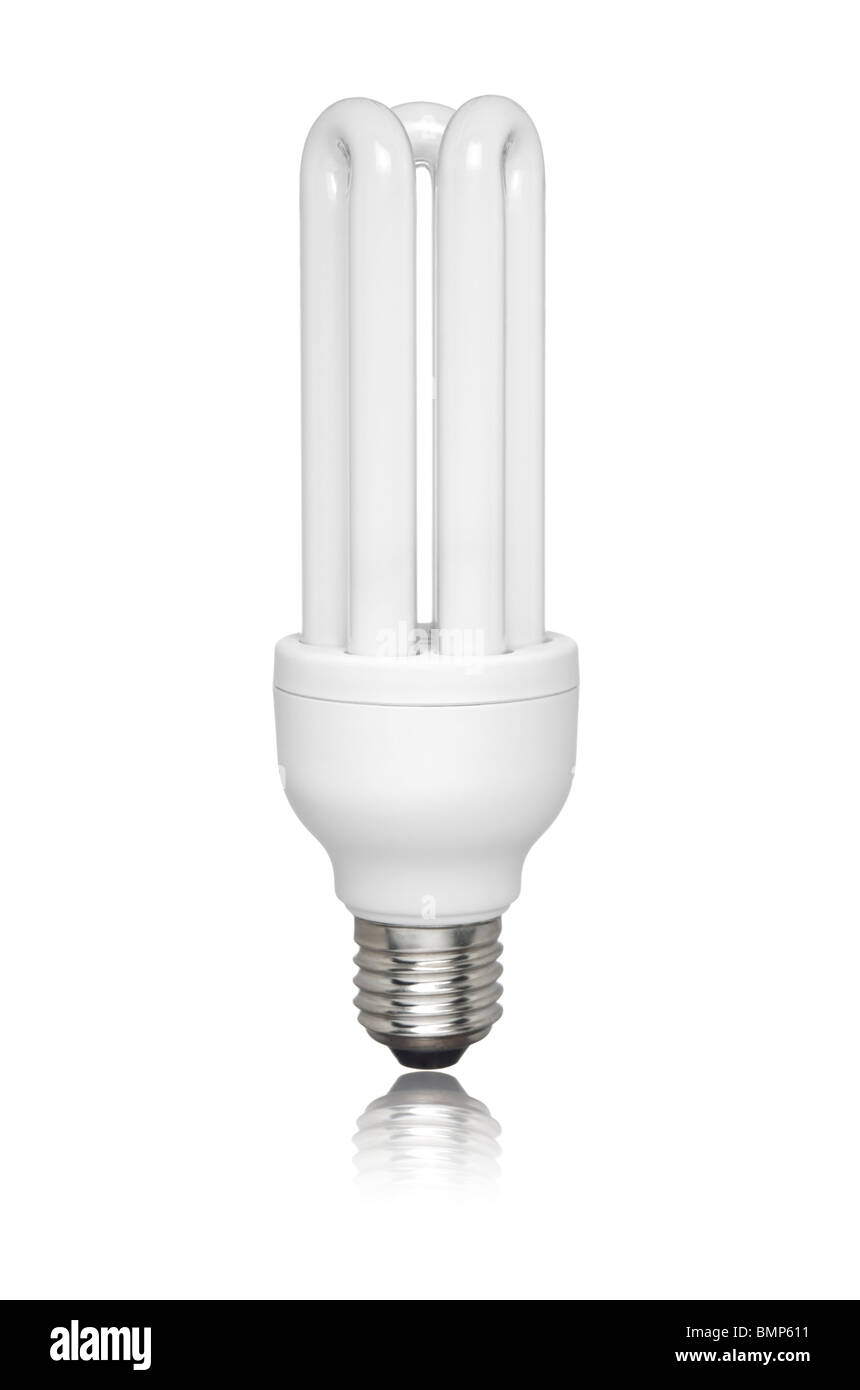 Compact fluorescent light bulb isolated over white background. Small reflection of the bottom. Stock Photo