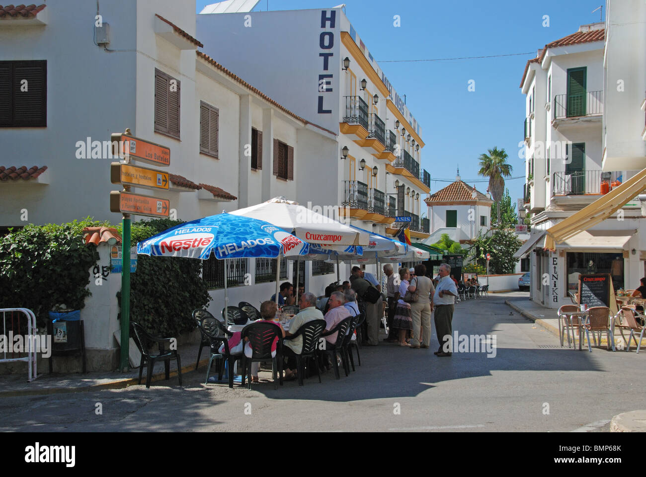 Pavement cafe, whitewashed village (pueblo blanco), Conil de la ...
