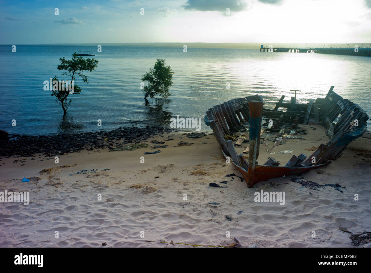 Stranded ship wrecks on a beach in Inhambane, Mozambique, Africa. Stock Photo