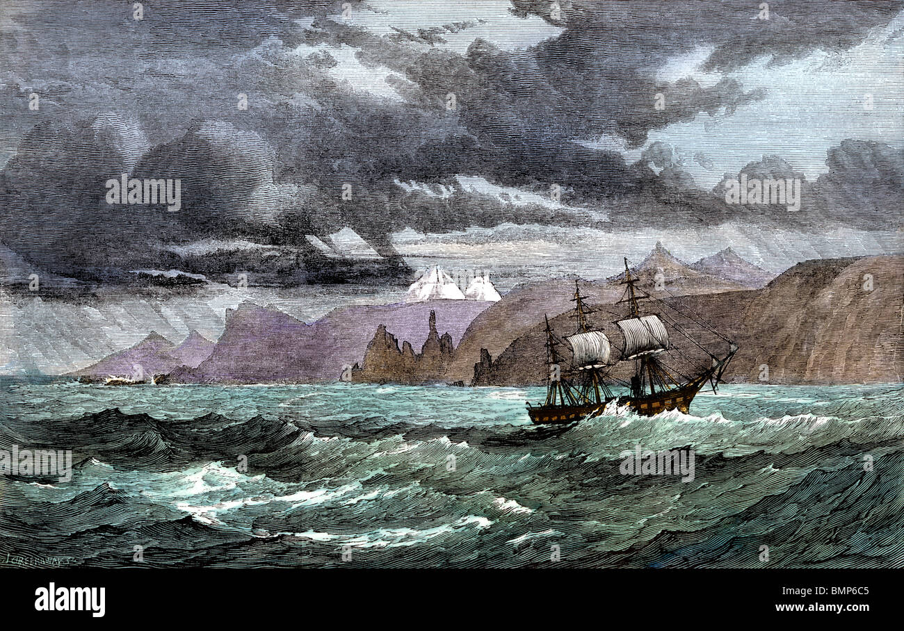 HMS Challenger off the southern tip of the Kerguelen Islands, 1870s. Hand-colored woodcut Stock Photo