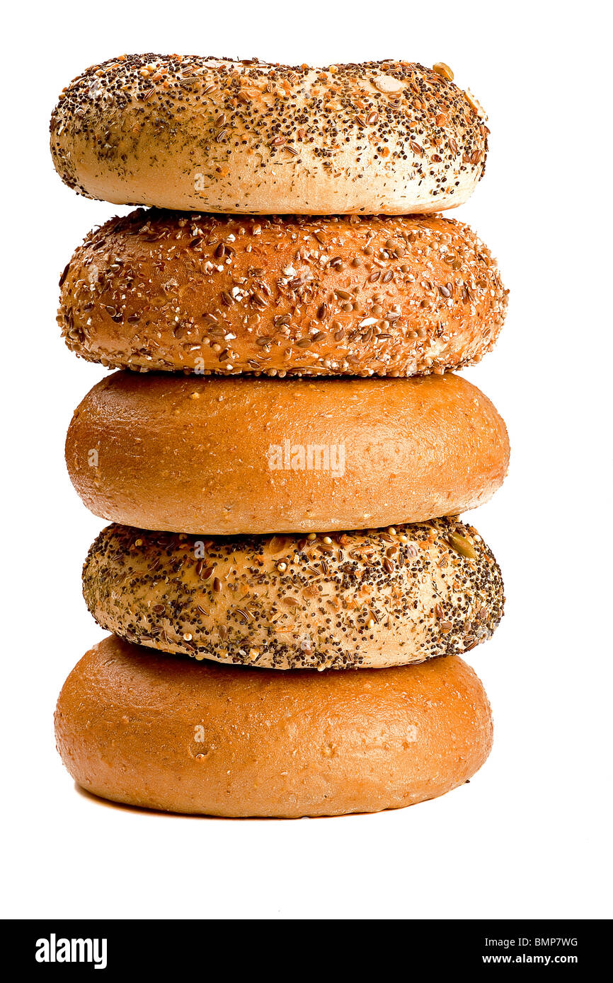 stack of multigrain bagels Stock Photo