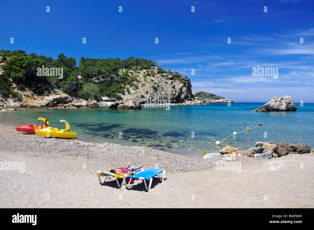 Beach view, Cala Xarraca, Ibiza, Balearic Islands, Spain Stock Photo