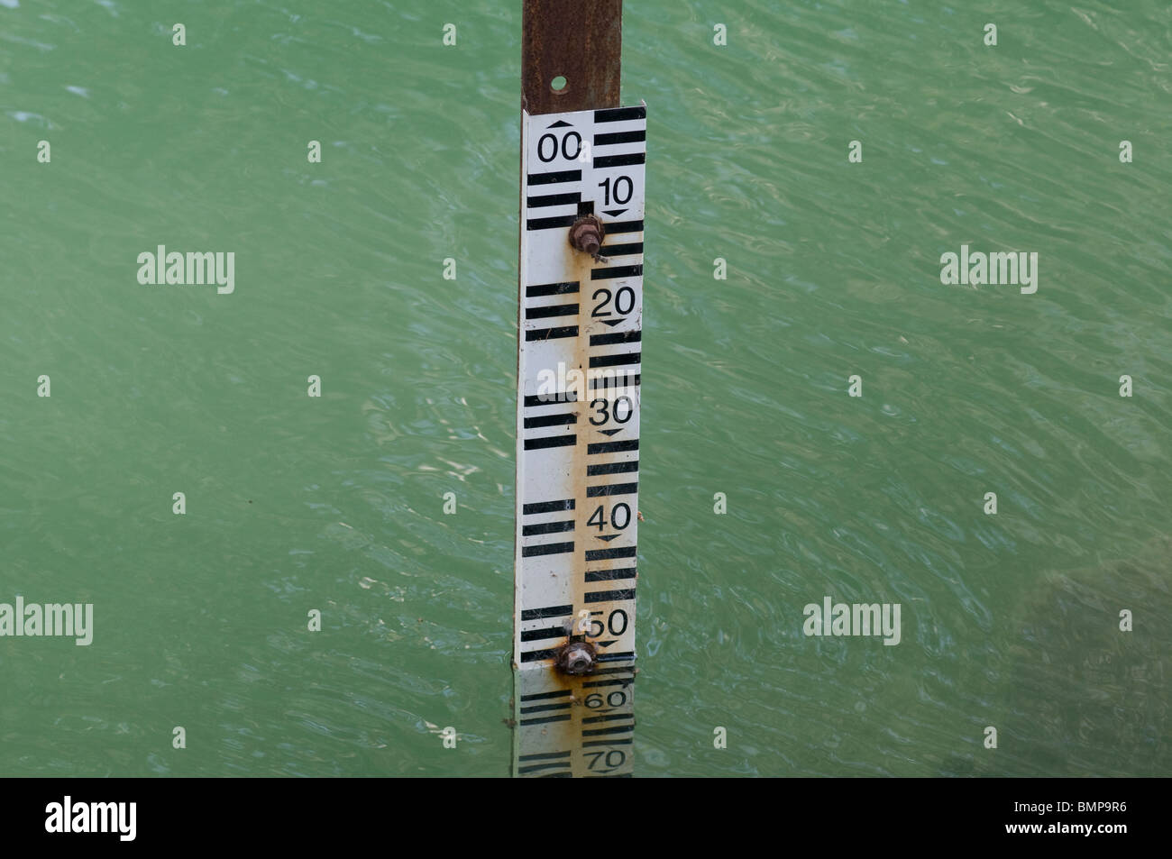 Water level gauge indicators at the Jordan river close to the lake