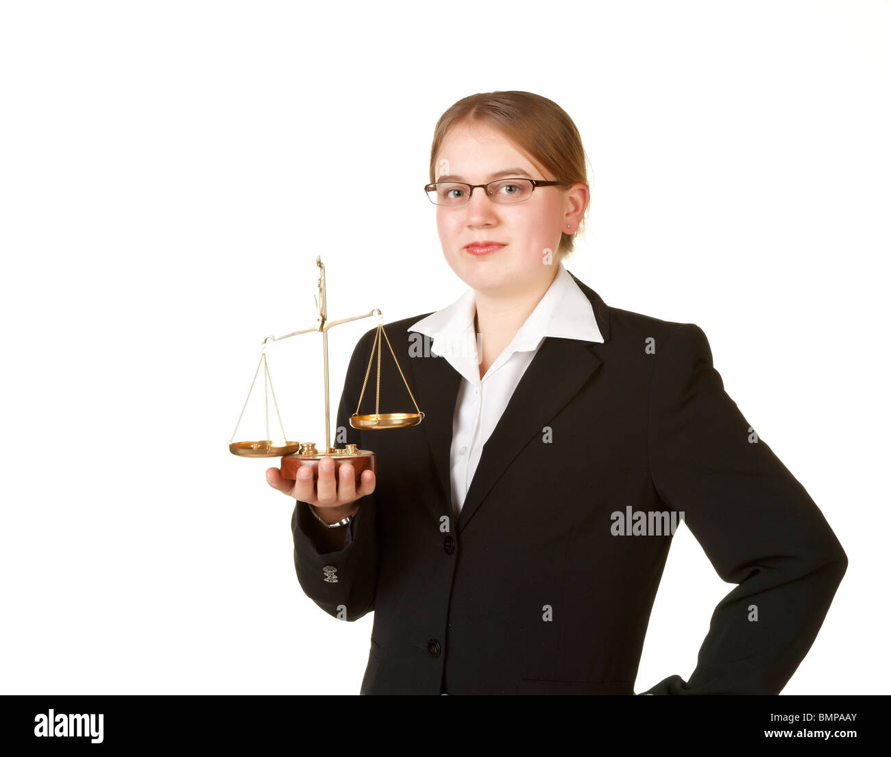 young business woman isolated on white background with justice scales Stock Photo
