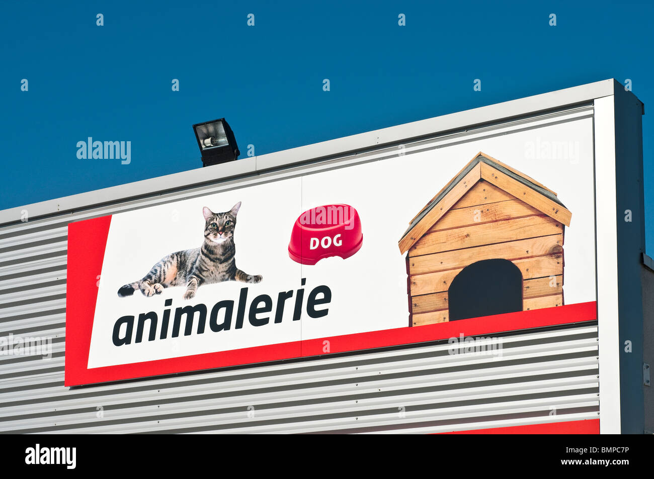 Bricomarché D-I-Y store 'animalerie' supplies advertising sign, France. Stock Photo