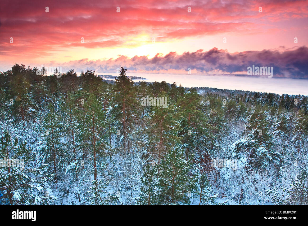 Winter sunset seen from the tower at Vardåsen at Evje in Rygge kommune ...