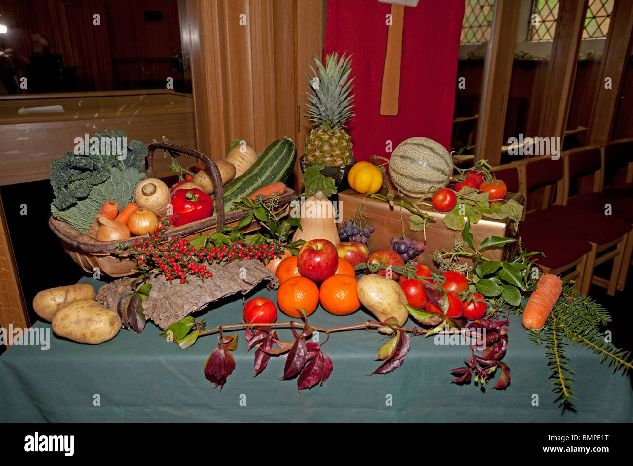 Variety of fruit and vegetables arranged for Harvest Festival display UK Stock Photo