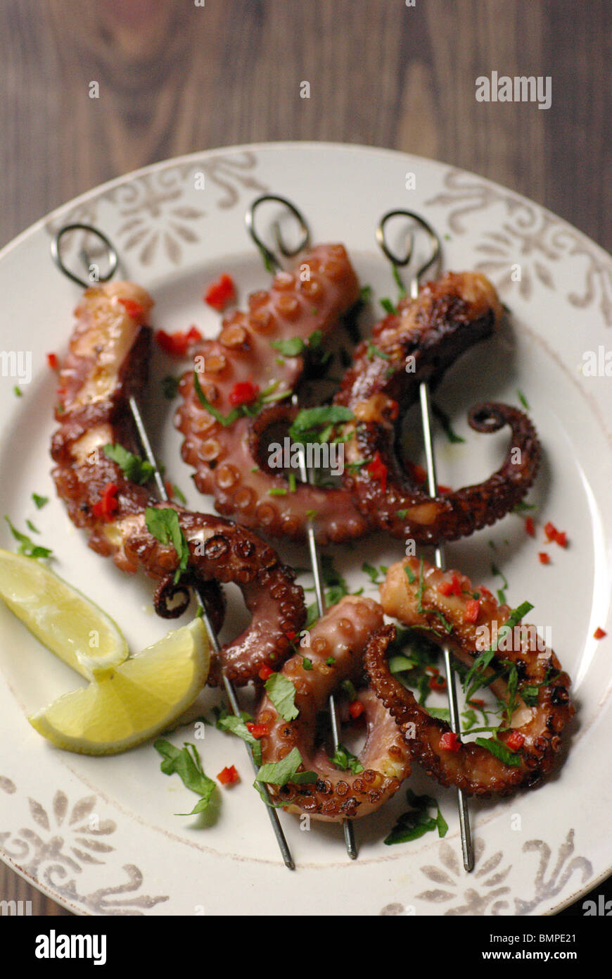 Grilled Octopus Skewers Stock Photo Alamy