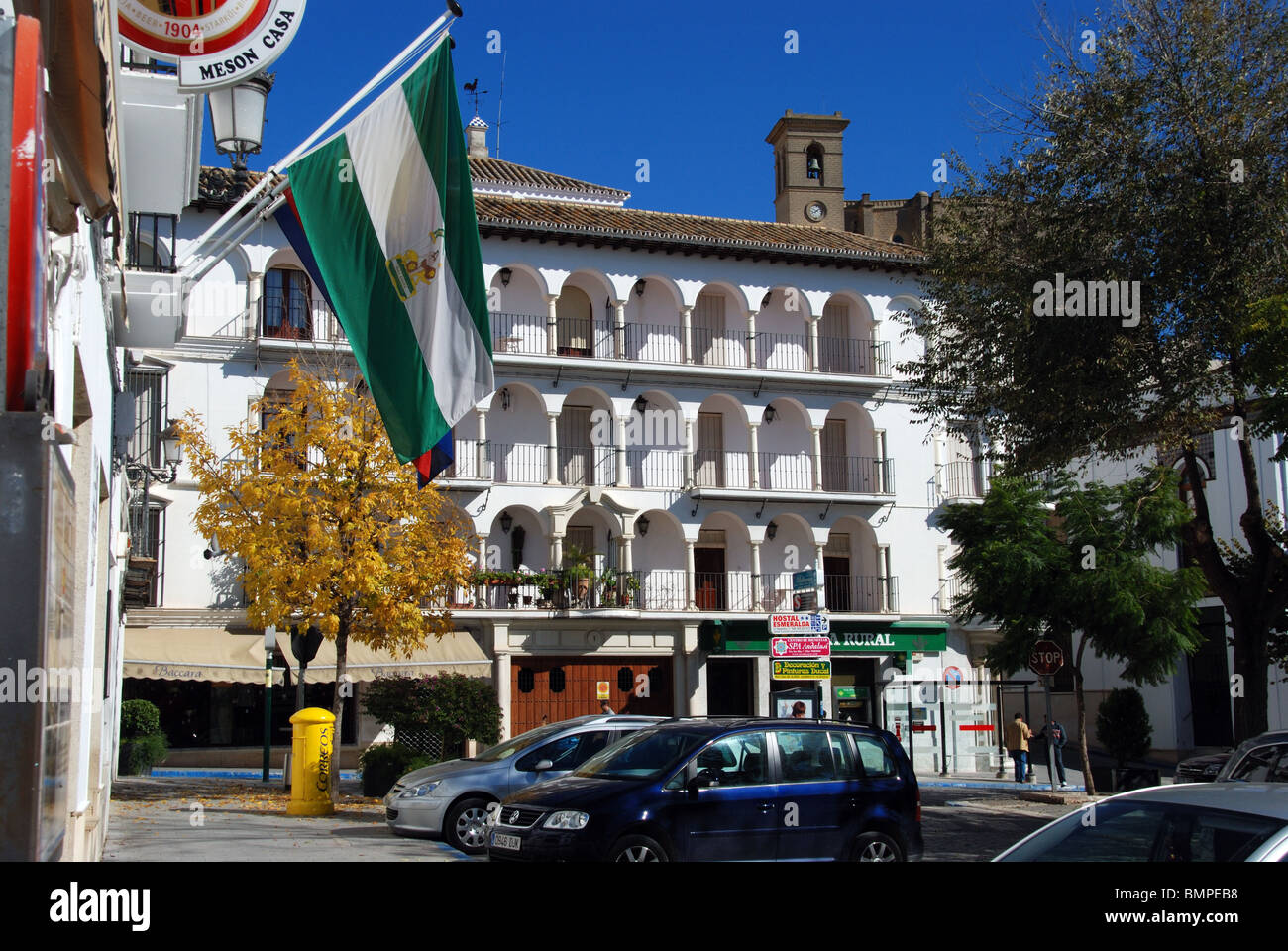 Plaza Mayor and Andalucian flag, Osuna, Seville Province, Andalucia, Spain, Western Europe. Stock Photo