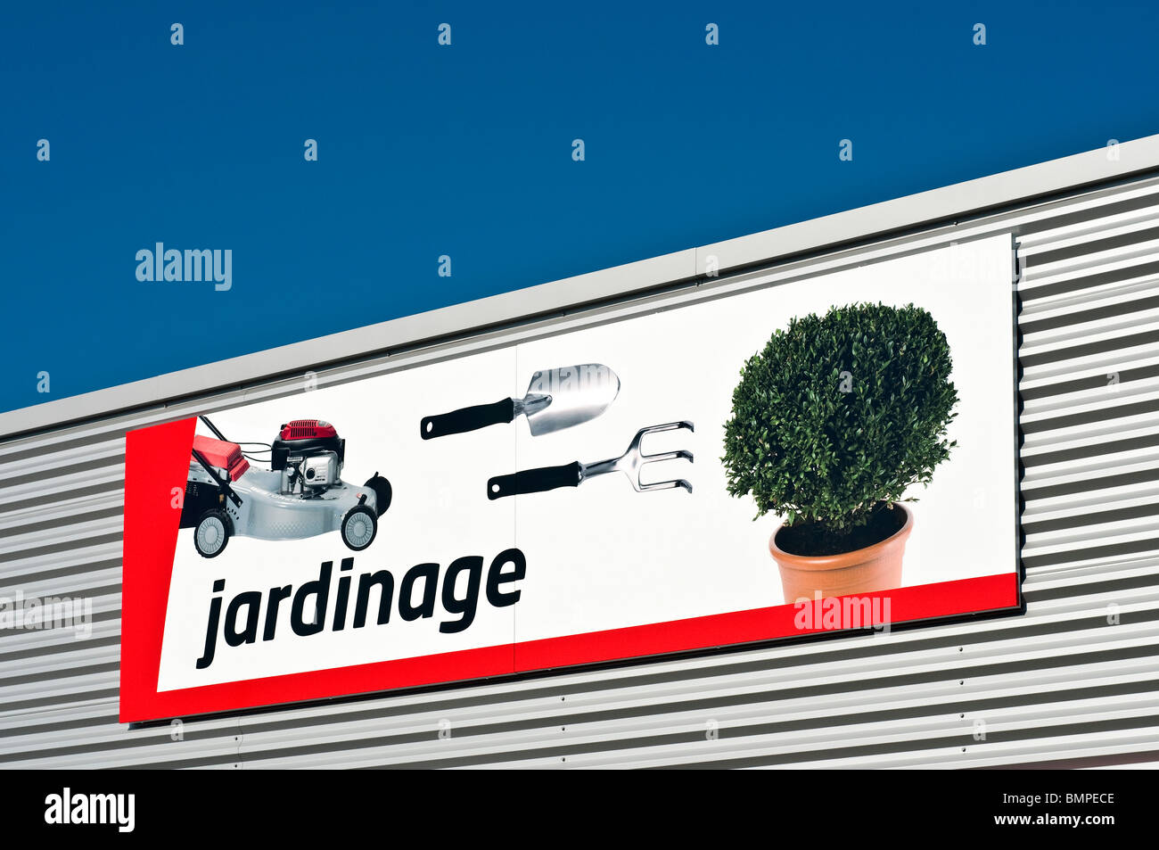 Bricomarché D-I-Y store 'jardinage' supplies advertising sign, France. Stock Photo