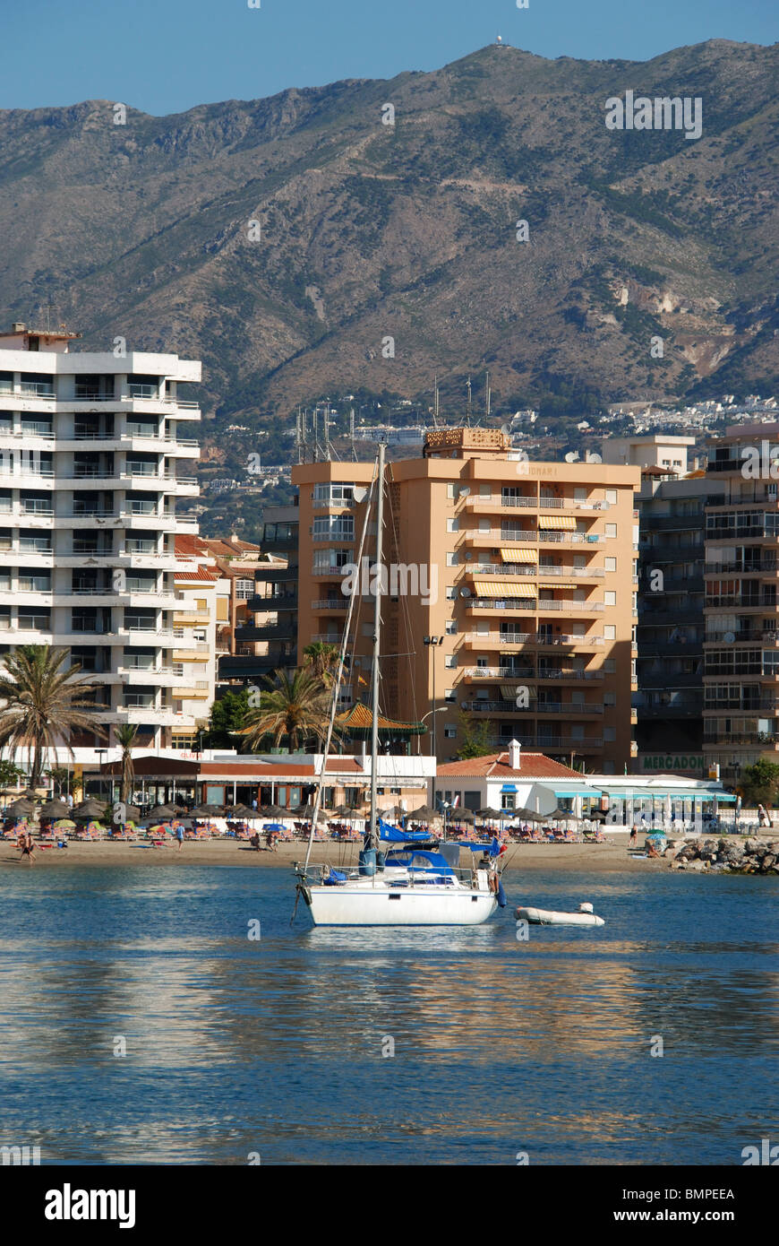 Yacht in the harbour, Fuengirola, Costa del Sol, Malaga Province, Andalucia, Spain, Western Europe. Stock Photo