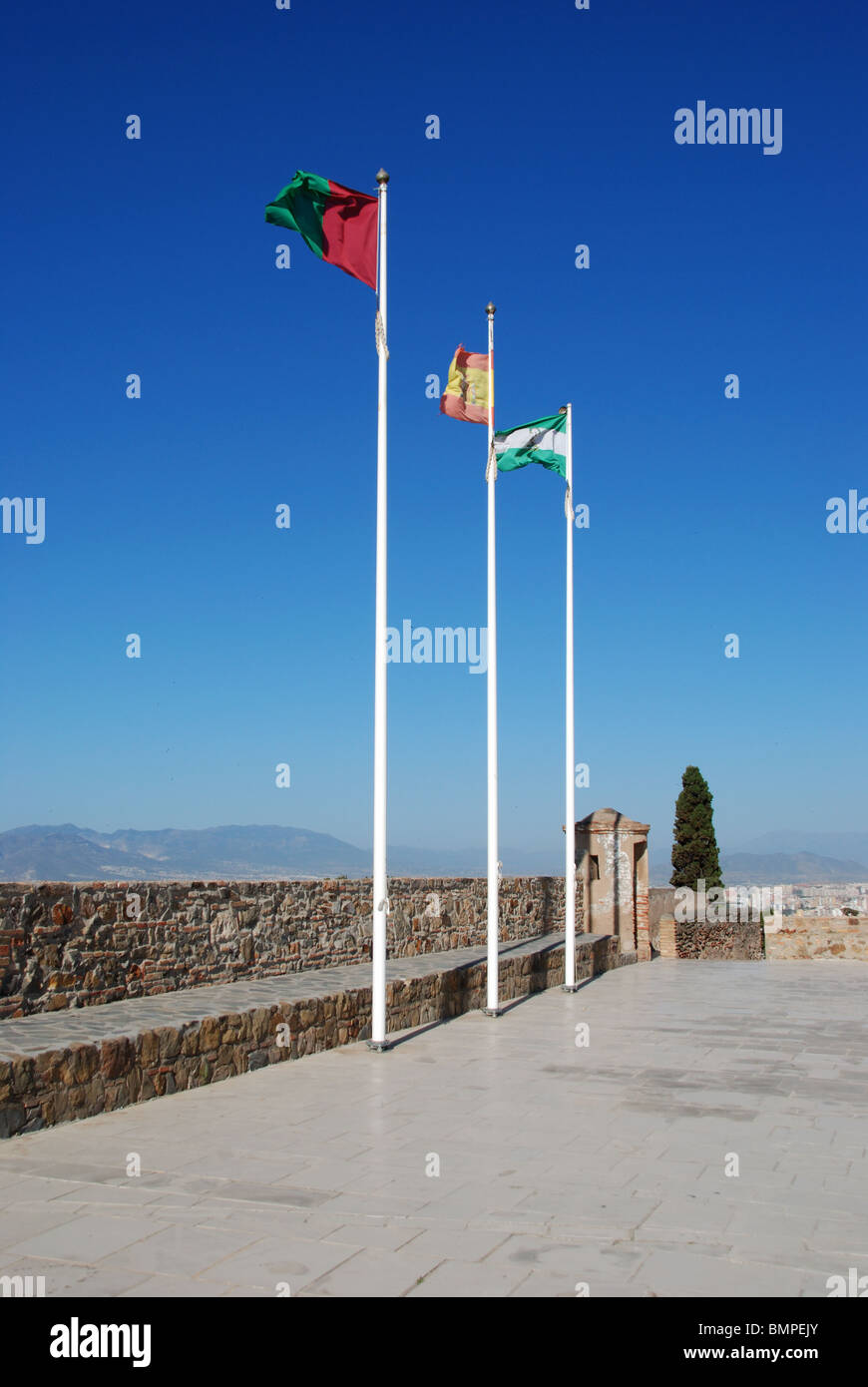 Flagpoles, Gibralfaro castle (Castillo de Gibralfaro), Malaga, Costa del Sol, Malaga Province, Andalucia, Spain, Western Europe. Stock Photo