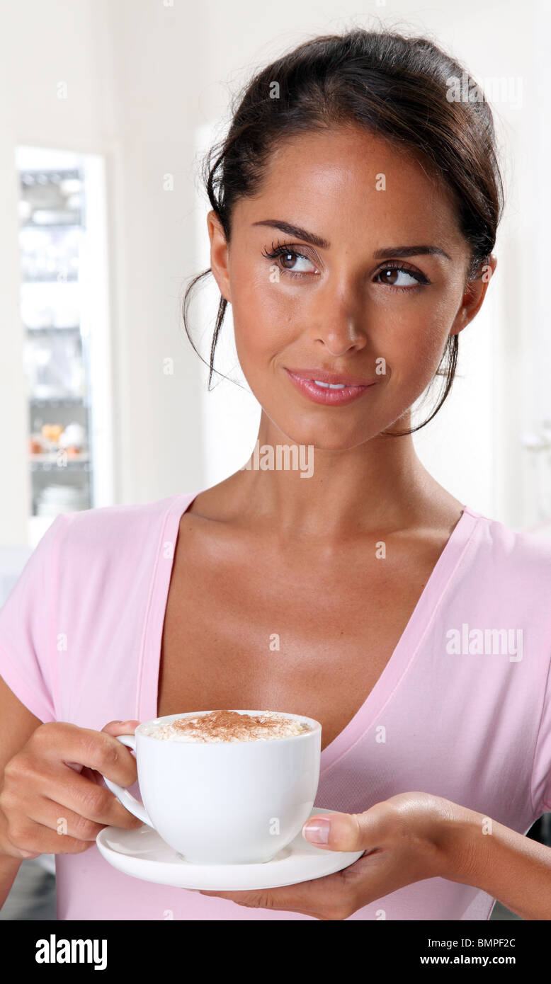 WOMAN WITH CAPPUCCINO Stock Photo Alamy